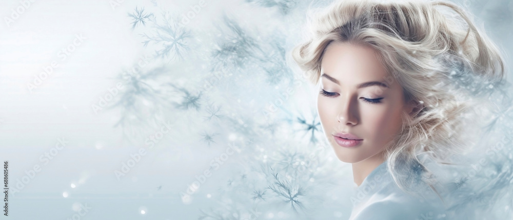 Young woman Girl in abstract  snow and water drops Fashion spa salon advertising. Abstract fashion concept.	
