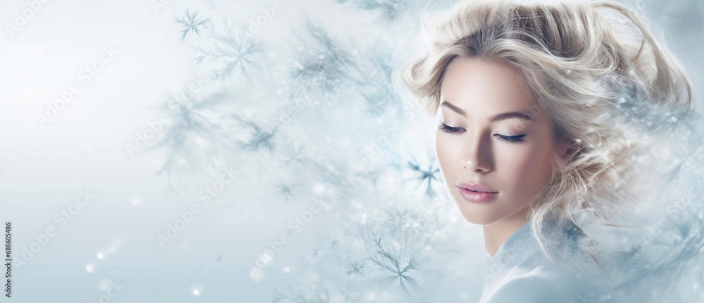 Young woman Girl in abstract snow and water drops Fashion spa salon advertising. Abstract fashion concept. Young woman Girl in abstract snow and water drops Fashion spa salon advertising. Abstract fashion concept.