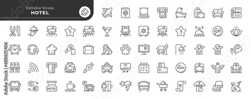 Set of line icons in linear style. Series - Hotel, business, vacation and travel. Outline icon collection. Conceptual pictogram and infographic.