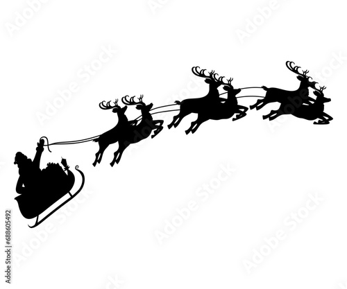 Santa Claus is flying in sleigh with Christmas reindeer. Silhouette of Santa Claus  sleigh with Christmas presents and reindeer Silhouette
