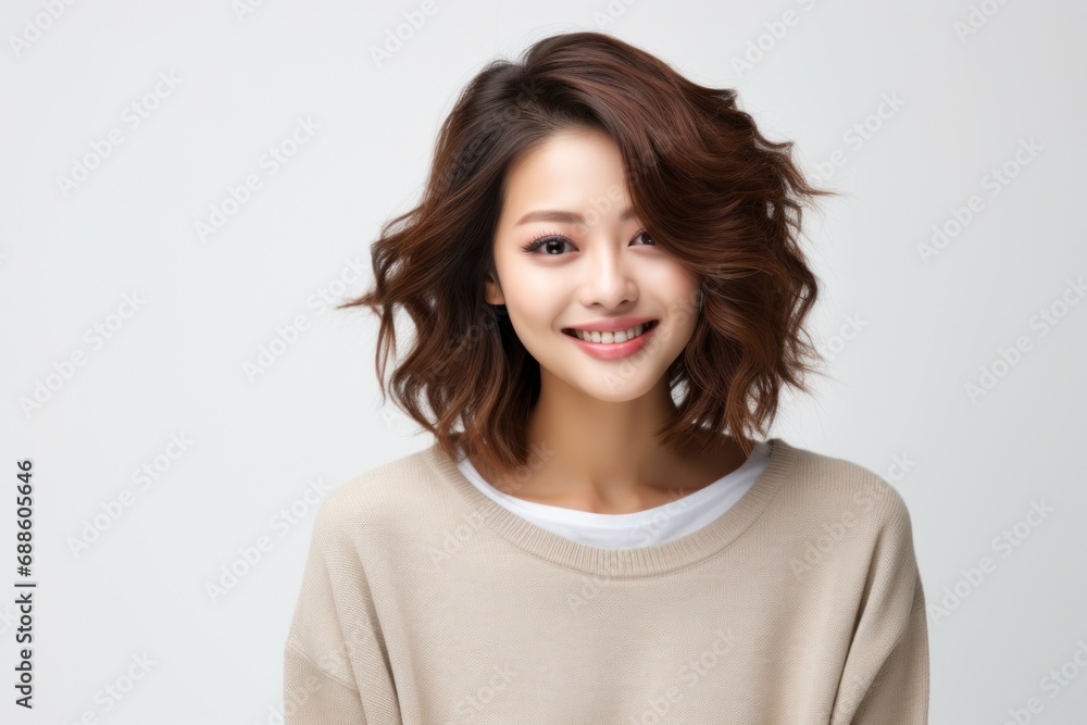 Young attractive elegance Asian woman happy relax carefree face expression portrait look at camera on white background Young attractive elegance Asian woman happy relax carefree face expression portrait look at camera on white background