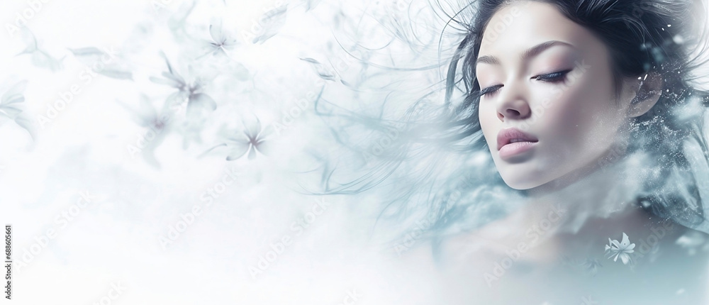  Young woman Girl in abstract snow and water drops Fashion spa salon advertising. Abstract fashion concept.