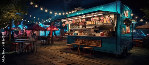 Food Truck selling Burgers and Drinks. empty scene, with table chairs and umbrellas, nighttime atmosphere