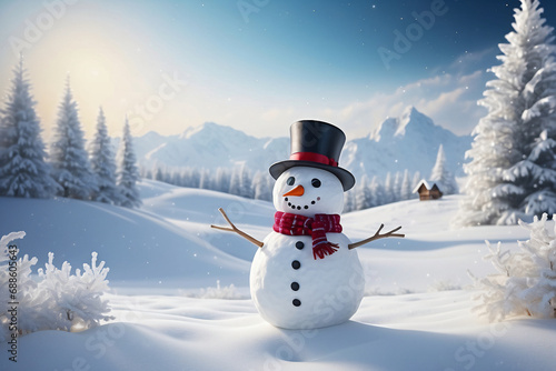 Snowman standing in Christmas landscape. A festive Christmas or snow background. © StockArtEmpire.AI