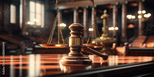 scales of justice and Wooden judges gavel in a courtroom banner