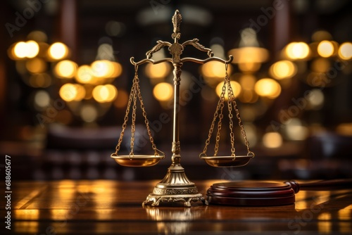 scales of justice and Wooden judges gavel in a courtroom banner