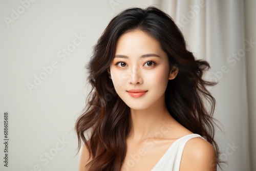 Young attractive elegance Asian woman happy relax carefree face expression portrait look at camera on white background