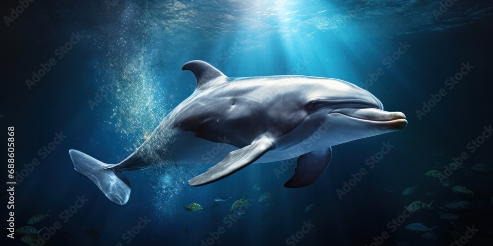 Obraz premium Sea dolphin deep underwater in sunny rays. Ocean life, wildlife. Conservation species and population