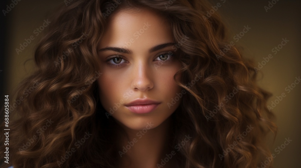 Portrait of a lovely young lady with long curly hair. Close-up of the face of a beautiful Caucasian model looking at the camera. Portrait of a lovely young lady with long curly hair. Close-up of the face of a beautiful Caucasian model looking at the camera.