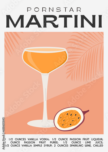 Pornstar Martini Cocktail garnished with passion fruit. Classic alcoholic beverage recipe. Summer aperitif poster. Minimalist trendy print with alcoholic drink. Vector flat illustration.