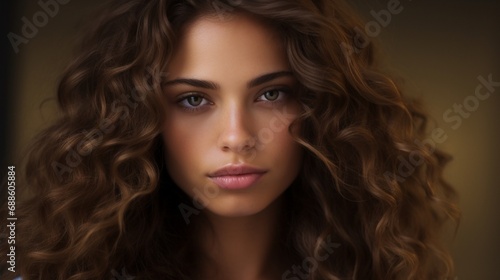 Portrait of a lovely young lady with long curly hair. Close-up of the face of a beautiful Caucasian model looking at the camera.