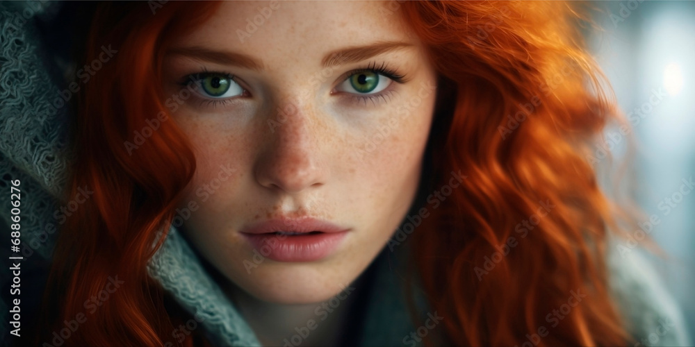 Women red hair. Women face. A young woman with wavy red hair and freckles smiling in the background horizontal copy space . Women red hair. Women face. A young woman with wavy red hair and freckles smiling in the background horizontal copy space .