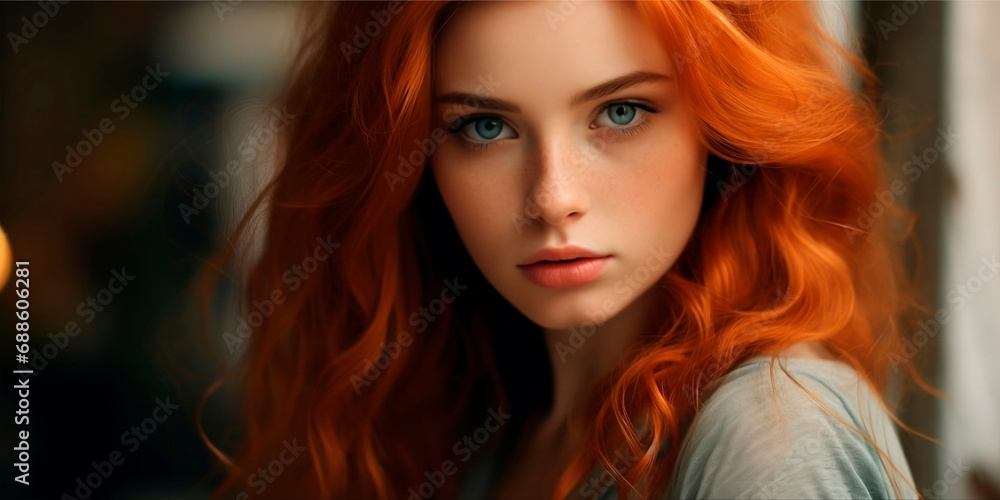 Women red hair. Women face. A  young woman with wavy red hair and freckles smiling in the background horizontal copy space .