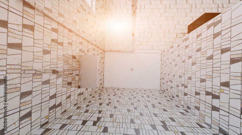 Obraz premium Clean and fresh bathroom with natural light. 3D rendering.. Sunset.