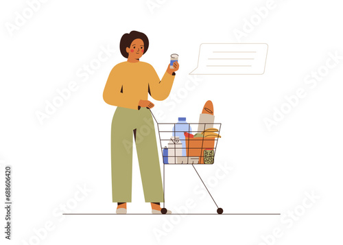 Woman reads food labels in the grocery shop. Girl buys products in supermarket. Female with full cart of healthy eat goods bread, eggs, milk, vegetables and fruits. Mindfulness shopping. Vector