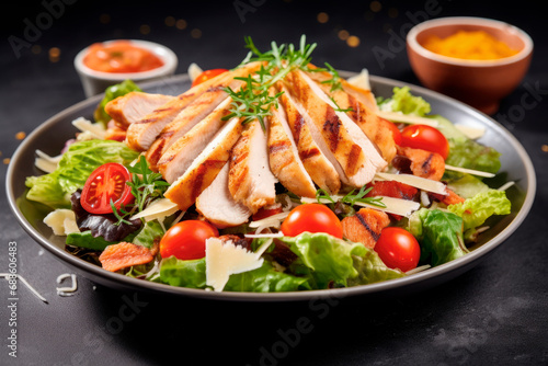 Fototapeta chicken caesar salad on black background