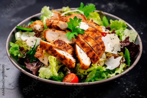 chicken caesar salad on black background photo