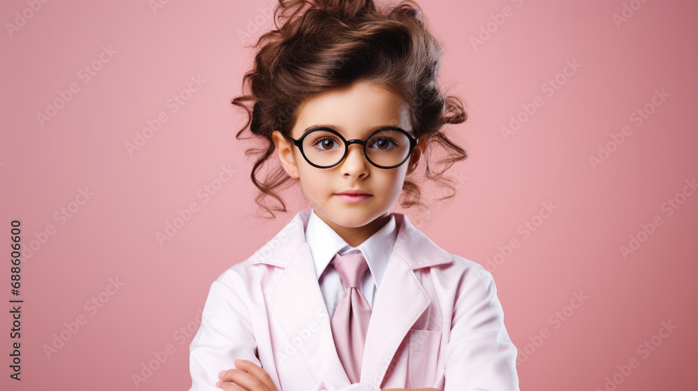 Girl dressed as doctor, pink background, Healthcare concept 