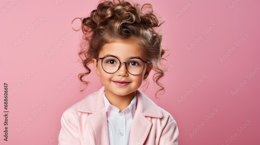 Girl dressed as doctor, pink background, Healthcare concept 