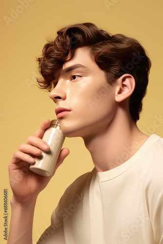 Portrait of handsome young male model on flat beige background with copy space, banner template. Fashionable well groomed man millennial with perfect facial skin, grooming beauty products for men.