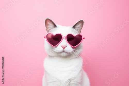 Cat wearing heart shaped glasses, pink background, Valentine's Day  photo