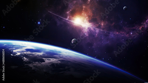 View of a planet with a lot of rocks and a few small rocks, space-themed designs, sci-fi book ,Massive planet with a natural satellite, surrounded by a colossal nebula and asteroids