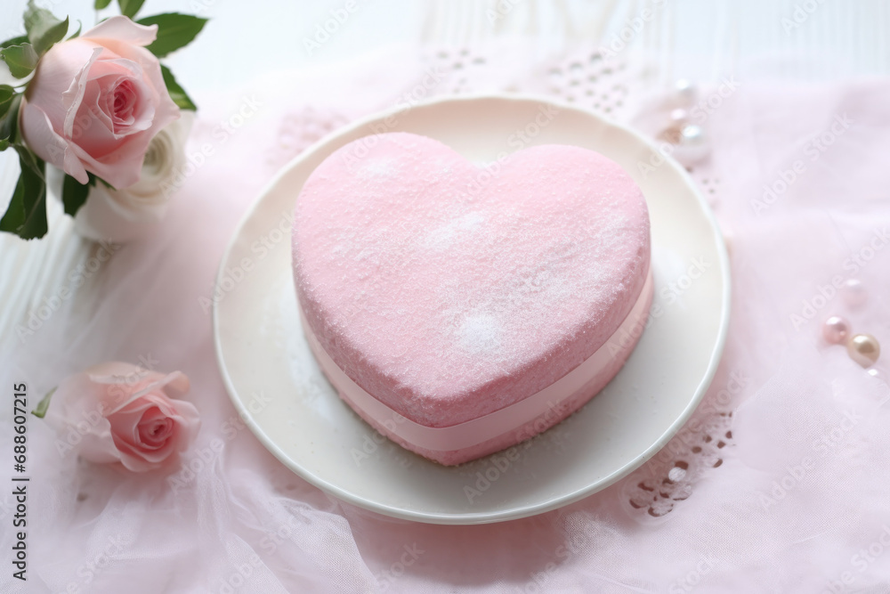 Heart-Shaped Pink Cake, top view, Valentine's Day Concept Heart-Shaped Pink Cake, top view, Valentine's Day Concept
