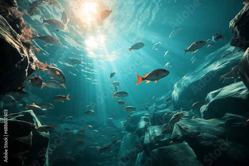 Seascape. An underwater landscape with a seabed and swimming fish. Sunlight sun rays through water. AI technology. © yanikap