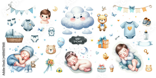 Watercolor illustration set of nursery clipart for baby boy. photo