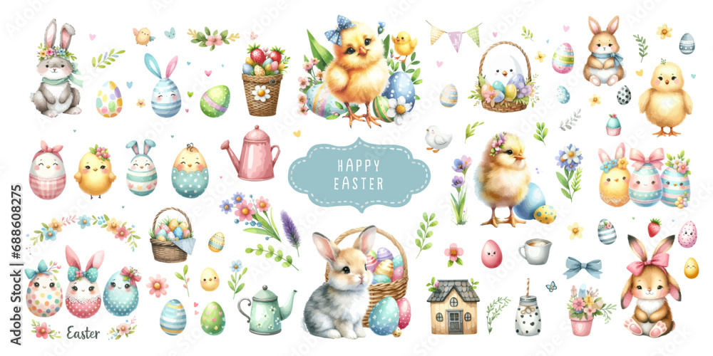 Watercolor Illustration set of Easter elements. Watercolor Illustration set of Easter elements.