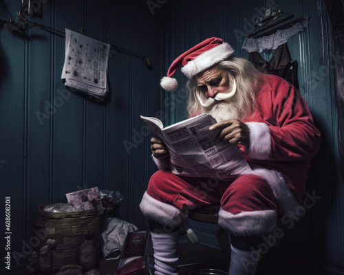 Santa Claus in the bathroom, sitting on the toilet reading newspapers. photo