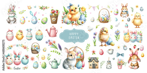 Watercolor Illustration set of Easter elements.