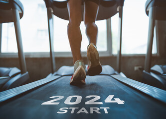 Happy new year 2024,2024 symbolizes the start of the new year. Close up of feet, sportsman runner running on treadmill in fitness club. Cardio workout. Healthy lifestyle, guy training in gym.