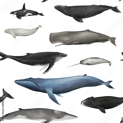 Watercolor whales seamless pattern isolated. Hand-drawn underwater ocean animals backdrop for fabric, packaging paper. Blue, sperm whale, fin whale, gray whale,  minke, killer whale, humpback, narwhal photo