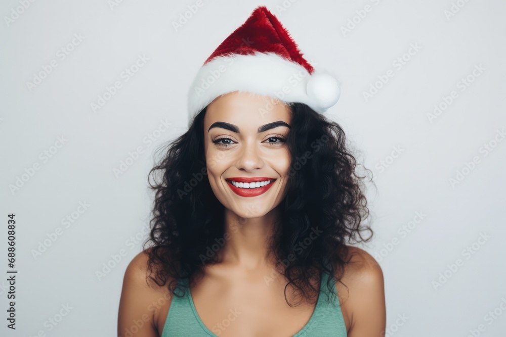 Beautiful Brazilian Woman In Santa Hat On White Background Beautiful Brazilian Woman In Santa Hat On White Background