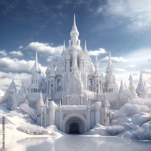 White castle in the snow with blue sky background. 3d rendering. AI.