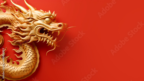 Golden Chinese new year dragon, on bright red background. Happy new year 2024