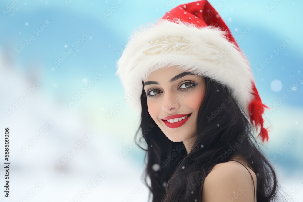 Beautiful Indian Woman In Santa Hat Against Snowy Backdrop Beautiful Indian Woman In Santa Hat Against Snowy Backdrop