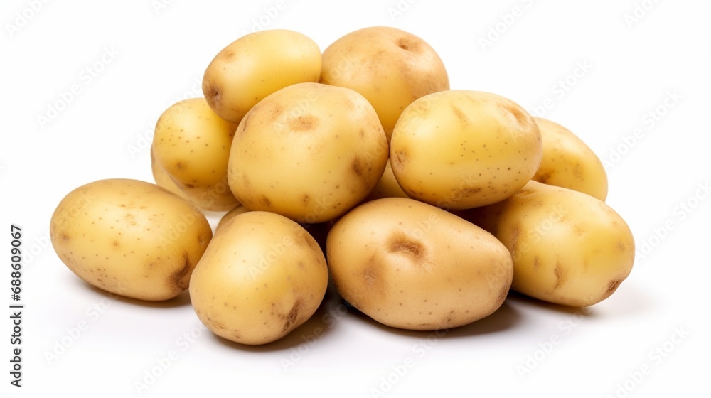 A pile of whole and sliced potatoes is isolated on a white background with a clipping path. A pile of whole and sliced potatoes is isolated on a white background with a clipping path.