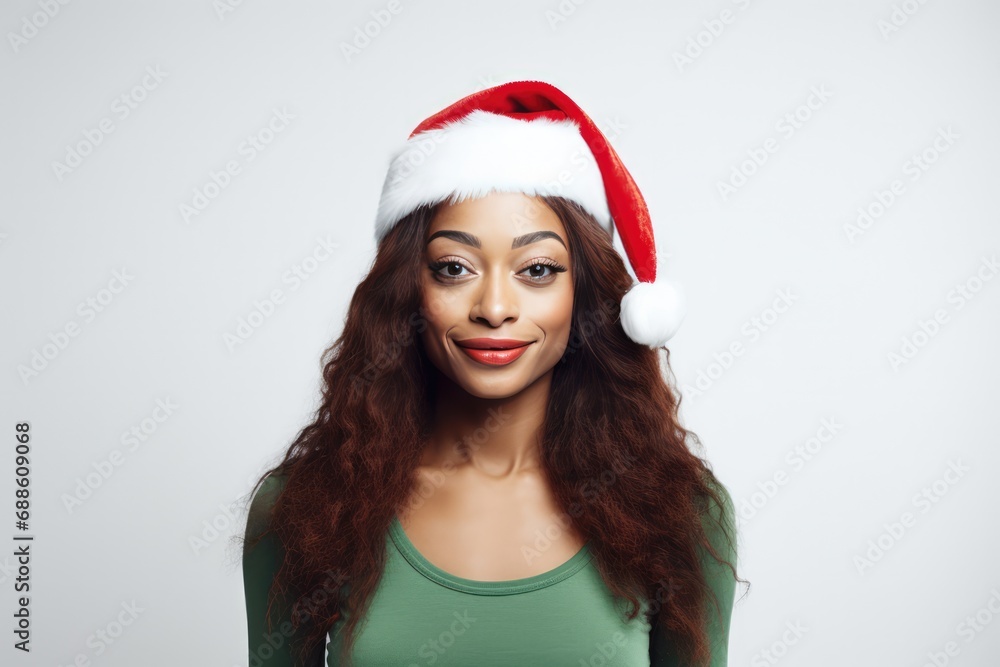 Beautiful Nigerian Woman In Santa Hat On White Background. Сoncept Festive Nigerian Fashion, Holiday Headwear, Nigerian Christmas Style, Cultural Santa Claus, African-Inspired Holiday Look Beautiful Nigerian Woman In Santa Hat On White Background. Сoncept Festive Nigerian Fashion, Holiday Headwear, Nigerian Christmas Style, Cultural Santa Claus, African-Inspired Holiday Look