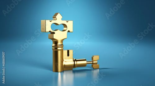 Golden key unlocking metallic puzzle piece