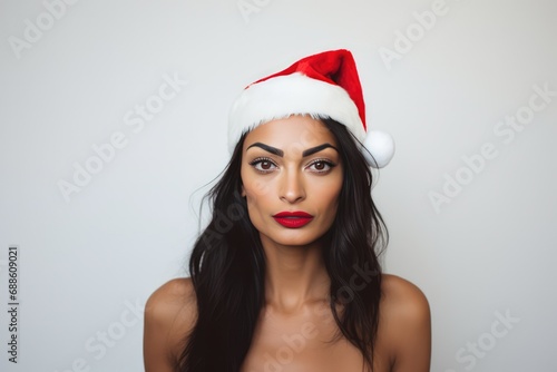 Beautiful Indian Woman In Santa Hat On White Background