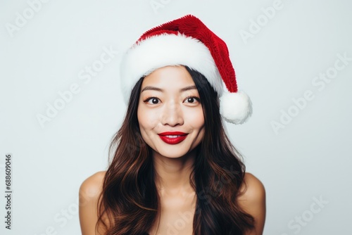 Beautiful Korean Woman In Santa Hat On White Background
