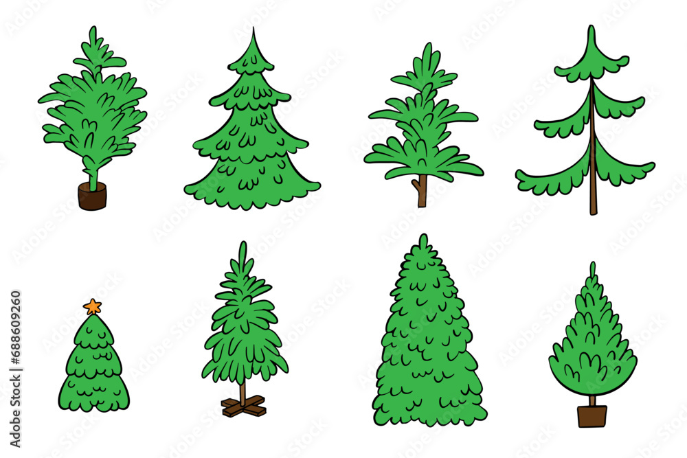 Fototapeta premium Christmas tree color outline vector set. Cartoon Christmas tree illustration, Evergreen pine, fir New year decoration. Isolated winter symbol for card, sale poster, illustration, book design.