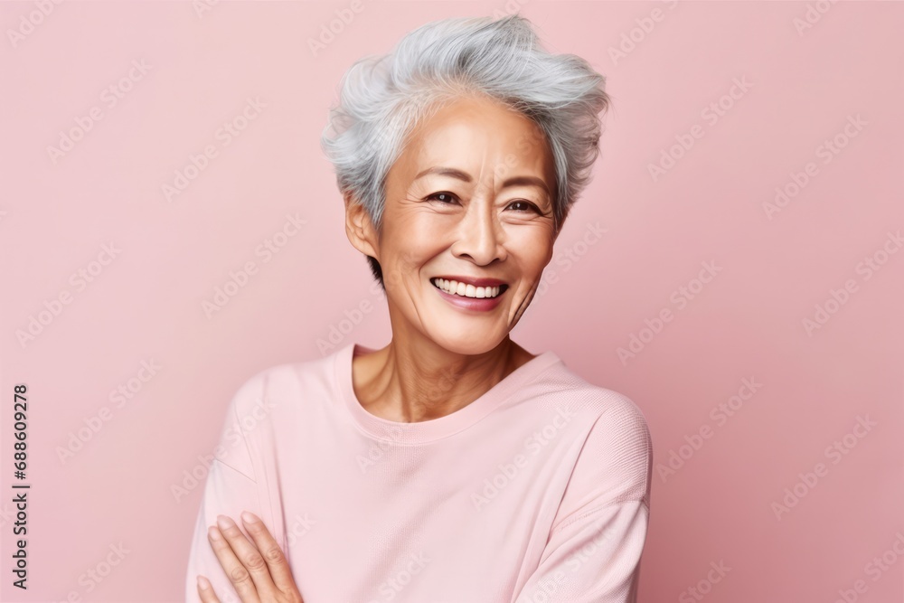 Happy Old Chinese Woman On Pastel Background. Сoncept Traditional Chinese Cuisine, Festive Lanterns, Cultural Celebrations, Beautiful Calligraphy, Temple Architecture