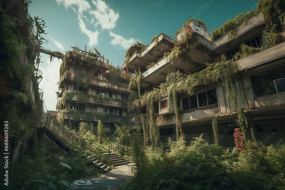 A post-apocalyptic future world without people, an abandoned city with plant growths. Generative AI A post-apocalyptic future world without people, an abandoned city with plant growths. Generative AI