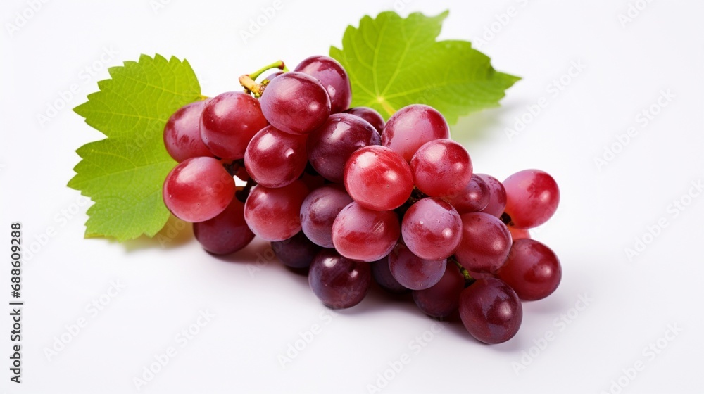 Isolated red grape with leaves on a white background .