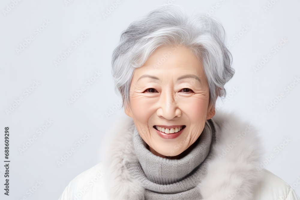 Happy Old Chinese Woman On White Background. Сoncept Elegant Traditional Attire, Wise And Serene, Cultural Heritage, Graceful Aging, Timeless Beauty