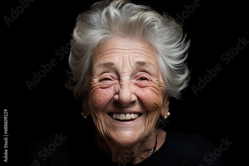 Happy Old British Woman On Black Background © Anastasiia