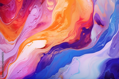 Vibrant and abstract background featuring fluid art. Trendy neon gradient in orange with a marble effect in purple, orange and blue.